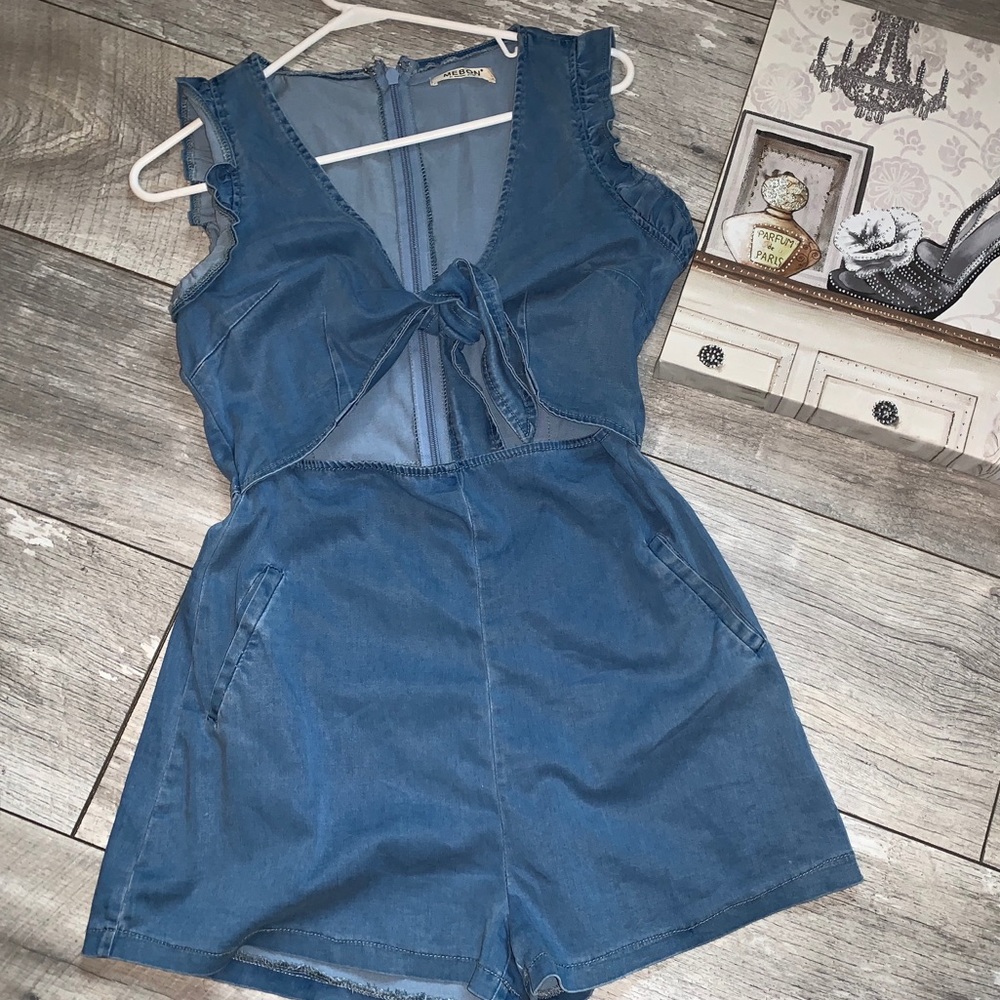 Denim romper w/ adjustable knot